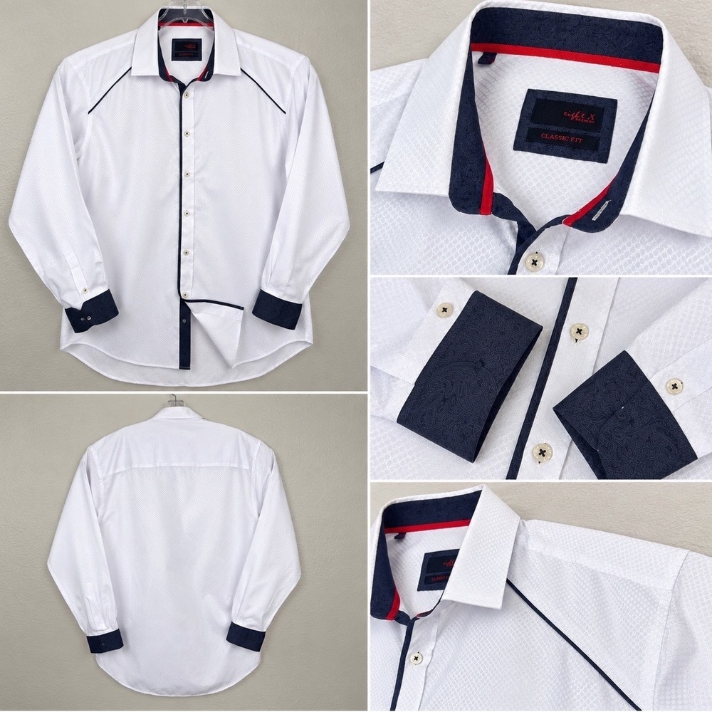 Eight X Premium Mens White Textured Paisley Contrast Button Down Shirt 2XL